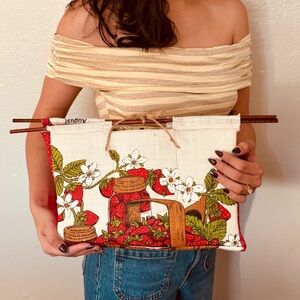 Strawberry Print Canvas Clutch with Wooden Handles